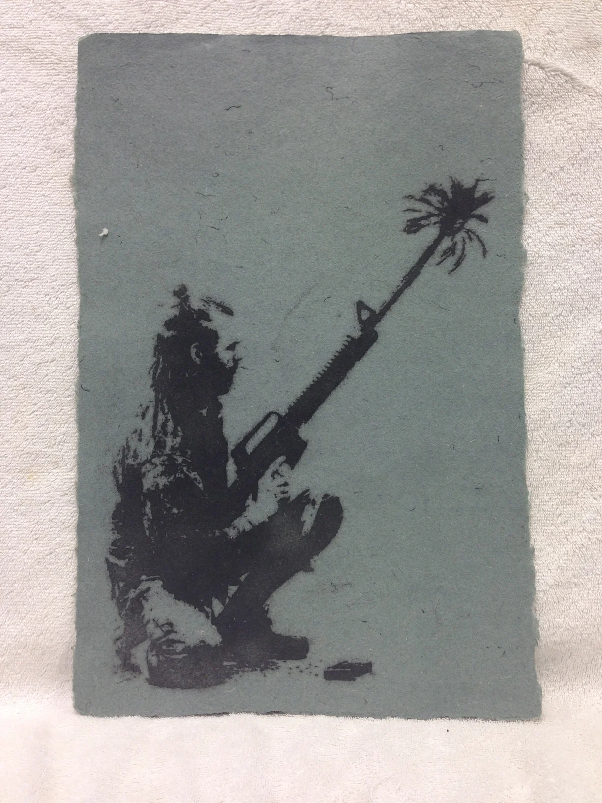 Eli Wright Army - Iraq _Freedom Fighter_ 2010 Pulp Spray on Handmade Paper from military uniforms 18 x 12 IMG_0958.jpg