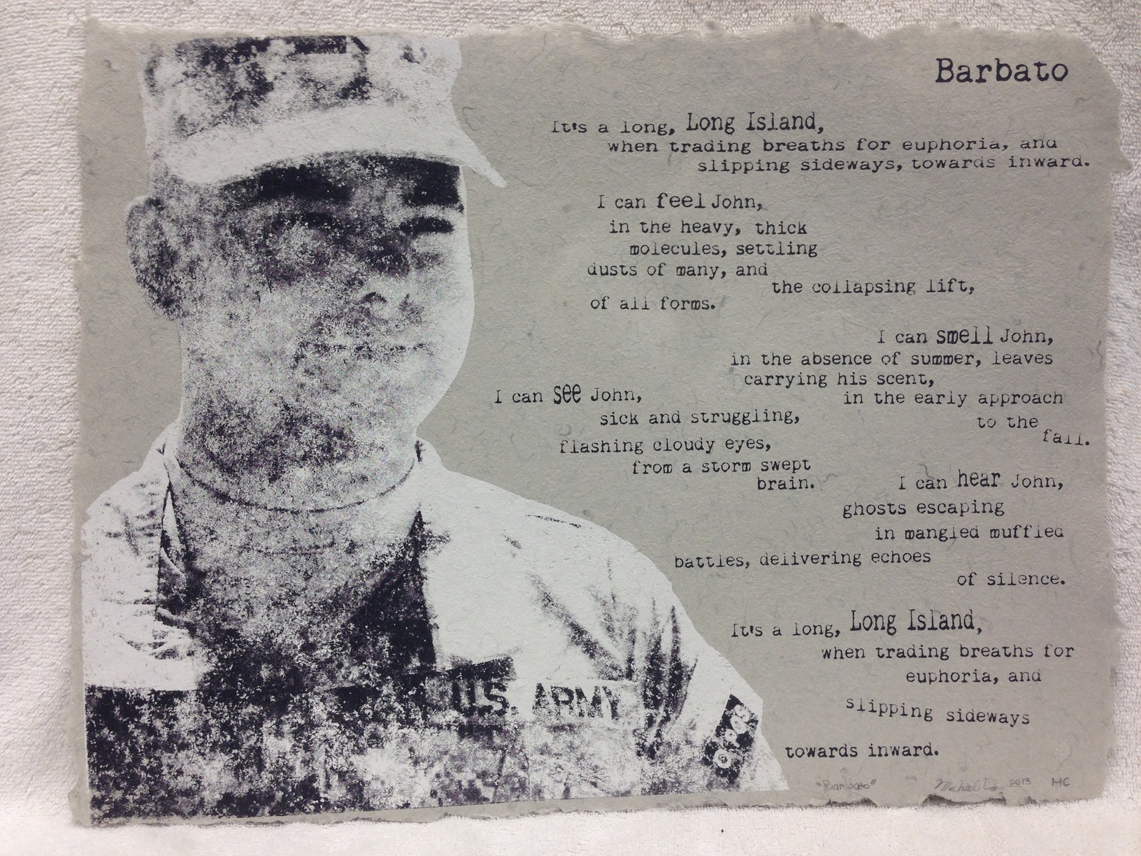Michael Day Marines - Iraq _Barbato_ 2013 Silkscreen on Handmade Paper from military uniforms 12 x 18 PCNJ Weekly Workshop IMG_0964JPG.jpg