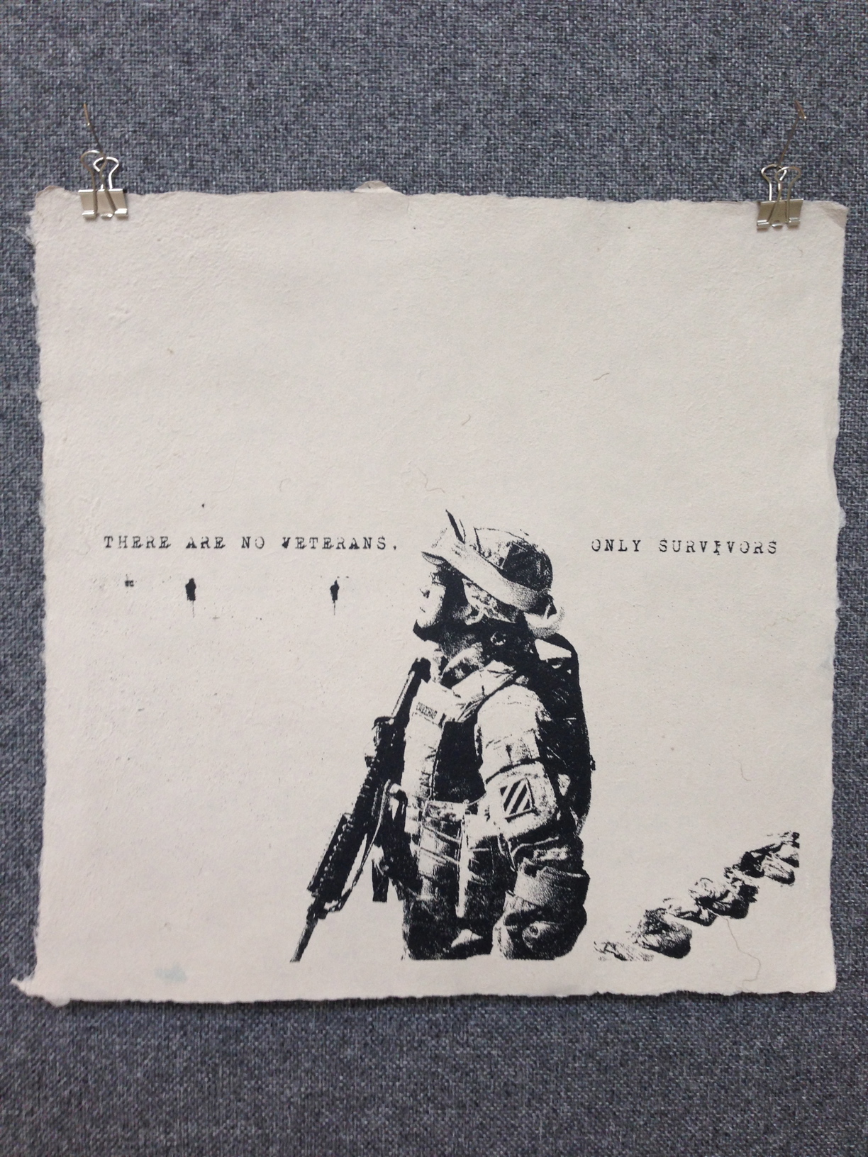 Patrick Cavicchio Army - Iraq _There Are No Veterans_ 2013 Silkscreen on Handmade Paper from military uniforms 15 x 15 Stockton College Workshop IMG_1207.jpg