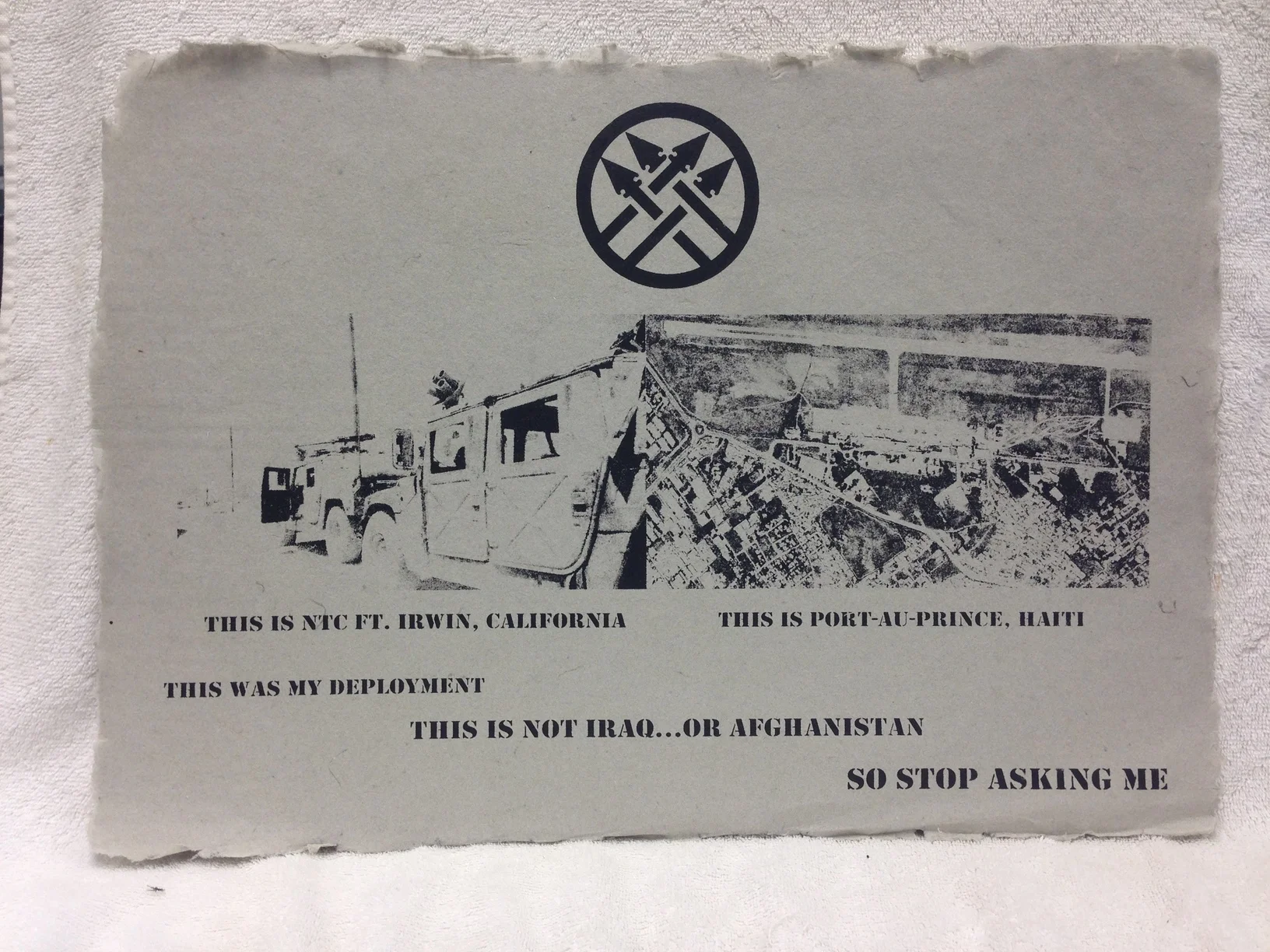 Sean Johnson Army - Haiti _Stop Asking Me_ 2013 Silkscreen on handmade paper made from military uniforms Pyramid Atlantic Workshop IMG_0962JPG.jpg