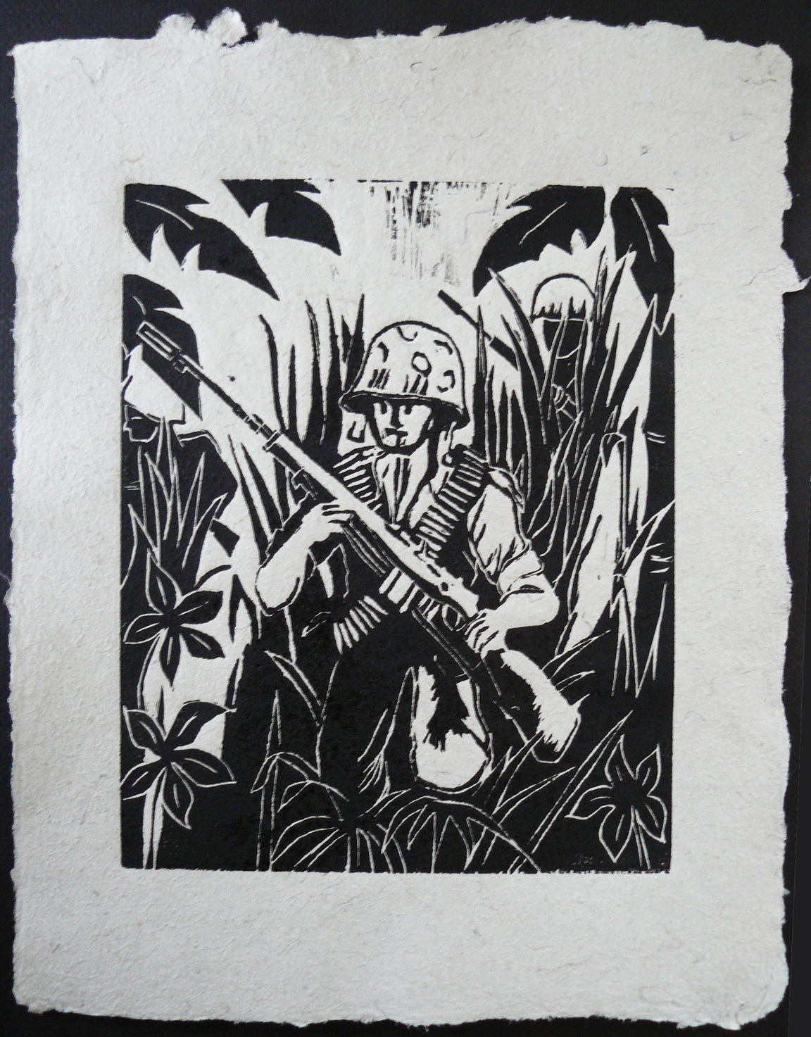 Walt Nygard Marines - Vietnam _Marine in Elephant Grass_ 2012 Lino-cut on Handmade Paper from military uniforms 14 x 11 PCNJ Weekly Workshop .jpg