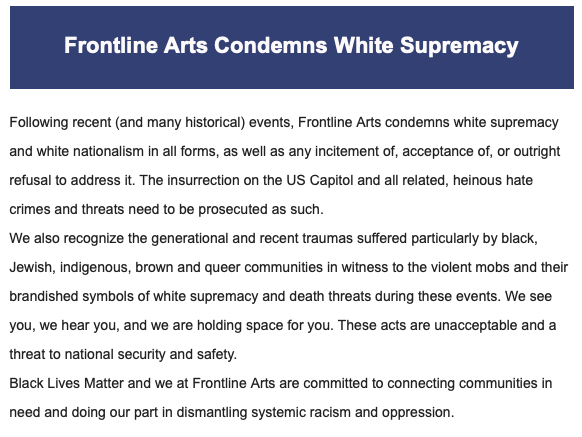 Frontline Arts Condemns White Supremacy