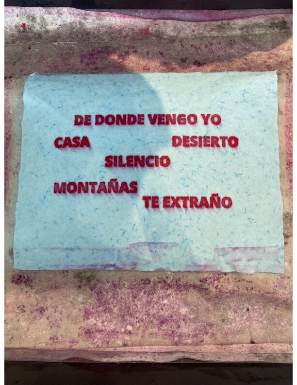wet, blue pulp with text that reads "de donde vengo yo casa desierto silencio montañas te extraño"