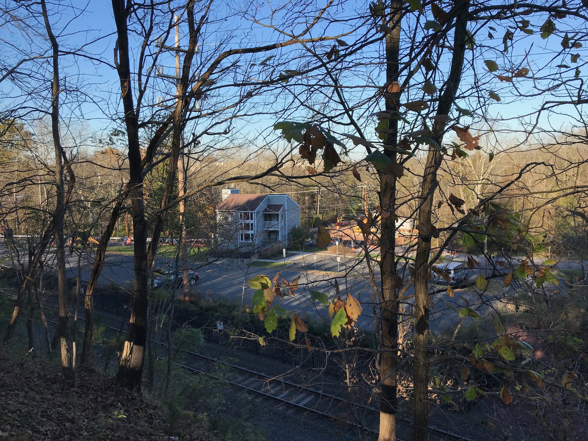 Frontline Arts' building viewed through trees, above train tracks, on Lenapehoking