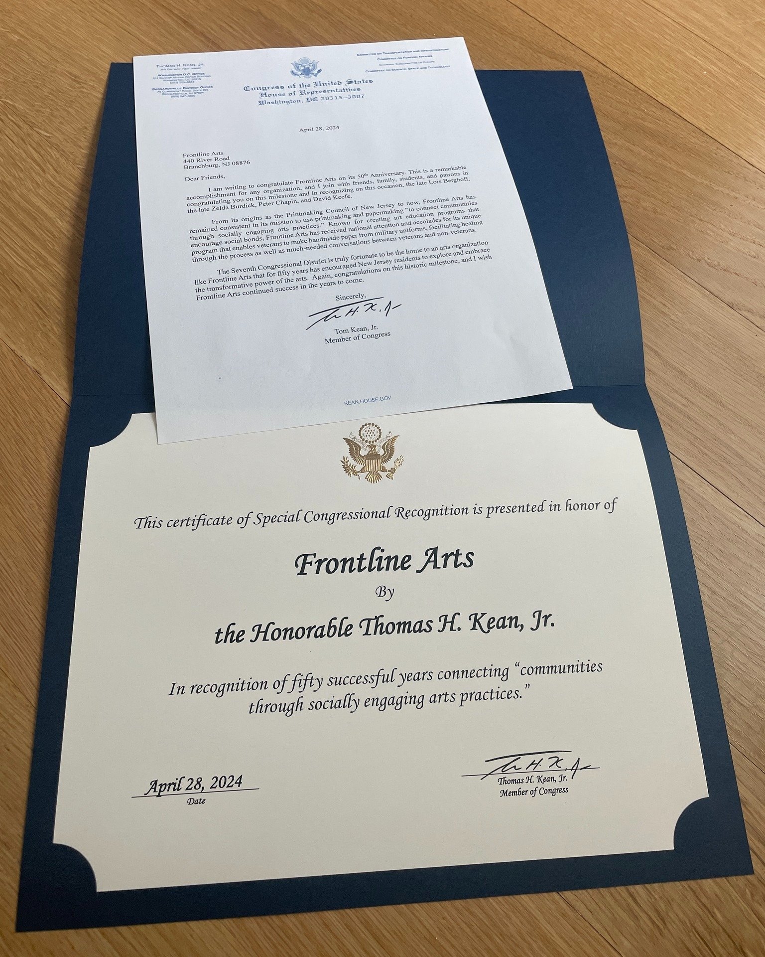 Today we received something special in the mail. Thank you so much to Congressman Thomas Kean Jr. for this letter and certificate recognizing our 50th Anniversary! 

@tomkean 

#50thanniversary #frontlinearts #frontlinepaper