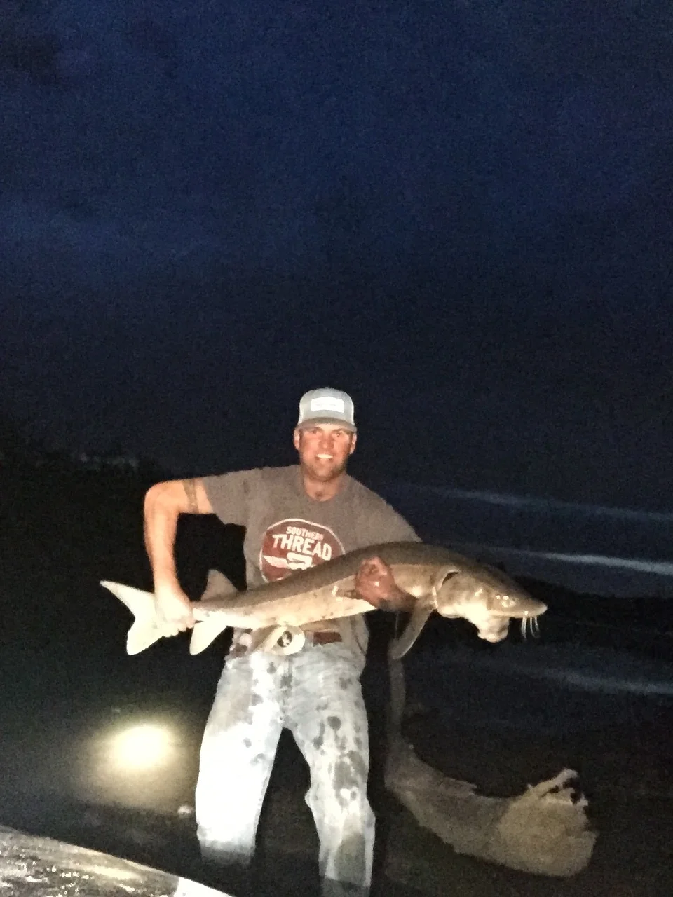 Caught this big old sturgeon at last light. Fishing for these prehistoric creatures is like nothing else. They are the largest fresh water fish.