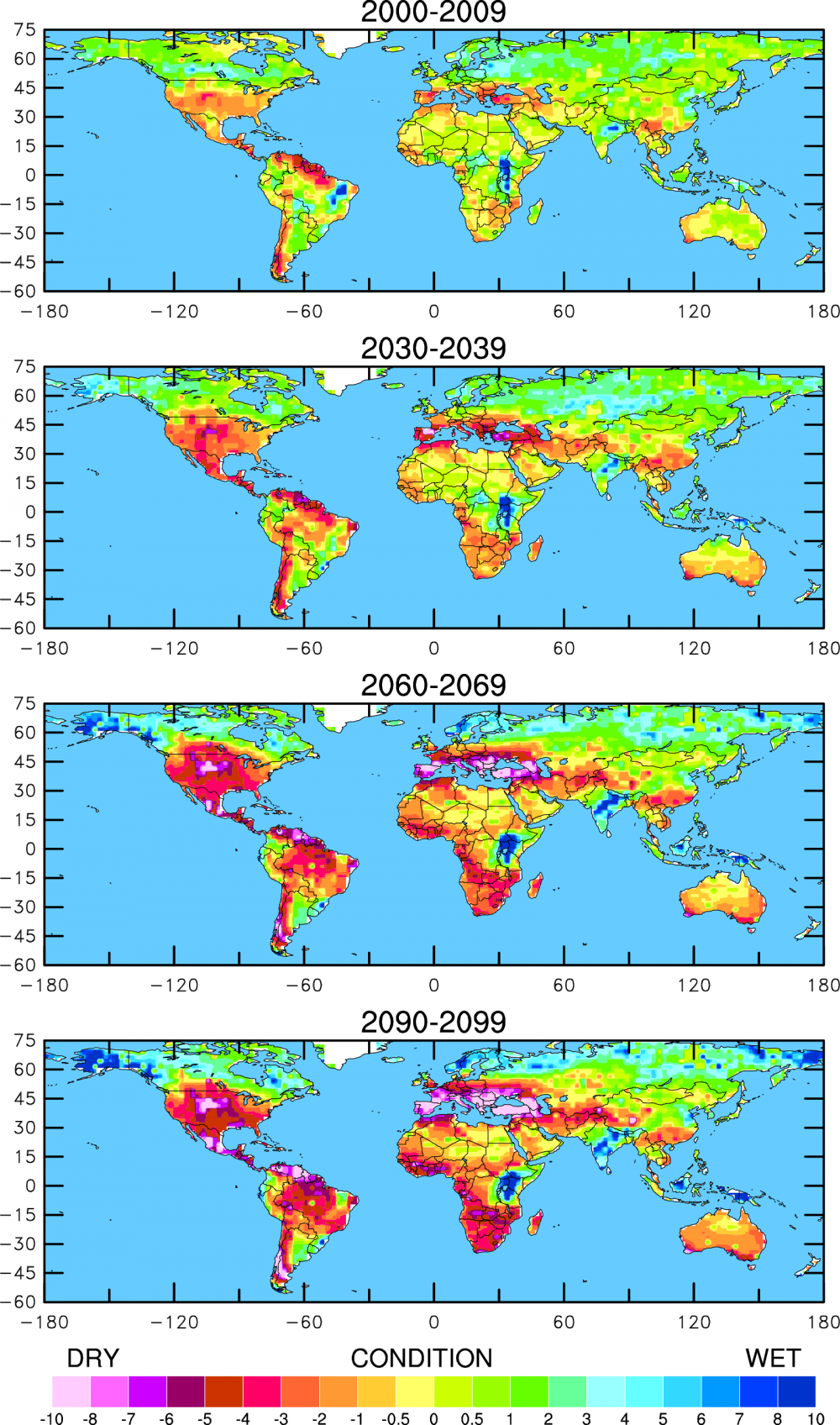 Future drought. These four maps illustrate the potential for future drought worldwide over the decades indicated, based on current projections of future greenhouse gas emissions. These maps are not intended as forecasts, since the actual course of projected greenhouse gas emissions as well as natural climate variations could alter the drought patterns. Courtesy the University Corporation for Atmospheric Research.