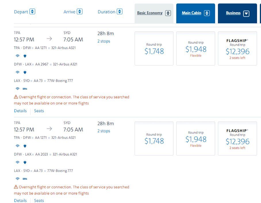 Holy #flightdeal with #pointsandmiles !! If you&rsquo;ve got a stash of #american miles and some flexibility, these are $13,000 fares for 120k-160k miles RT. And UP TO SIX SEATS some days!! Get it and head #downunder #australia #travel