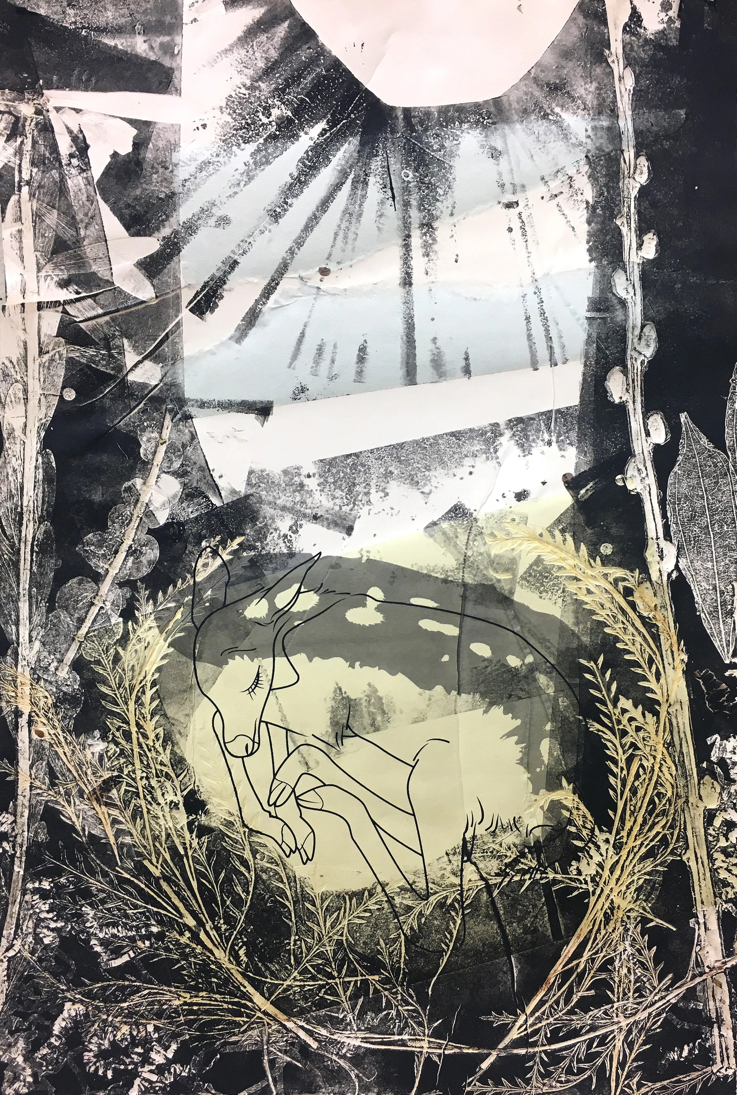SAFE & WARM, monoprint & collage, 15x22"