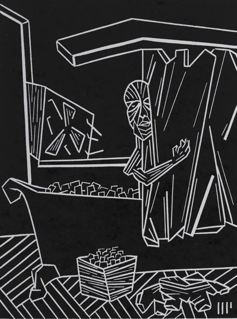 The Final Moments of Dr. Munoz, 2013, 6x8” linocut on paper. Edition of 8 + AP