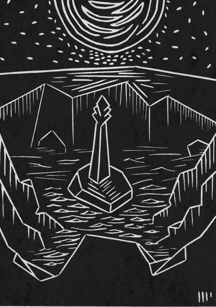 The Monolith, 2013, 5x7” linocut on paper. Edition of 8 + AP