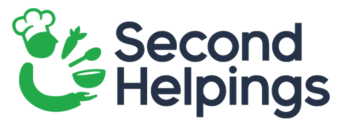 Logo for Second Helpings featuring a green chef's hat, spoon, and bowl with the text 'Second Helpings'.