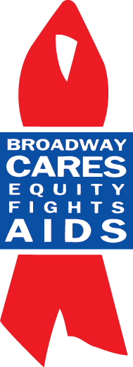 Red ribbon with a blue banner that says 'Broadway Cares Equity Fights AIDS'.