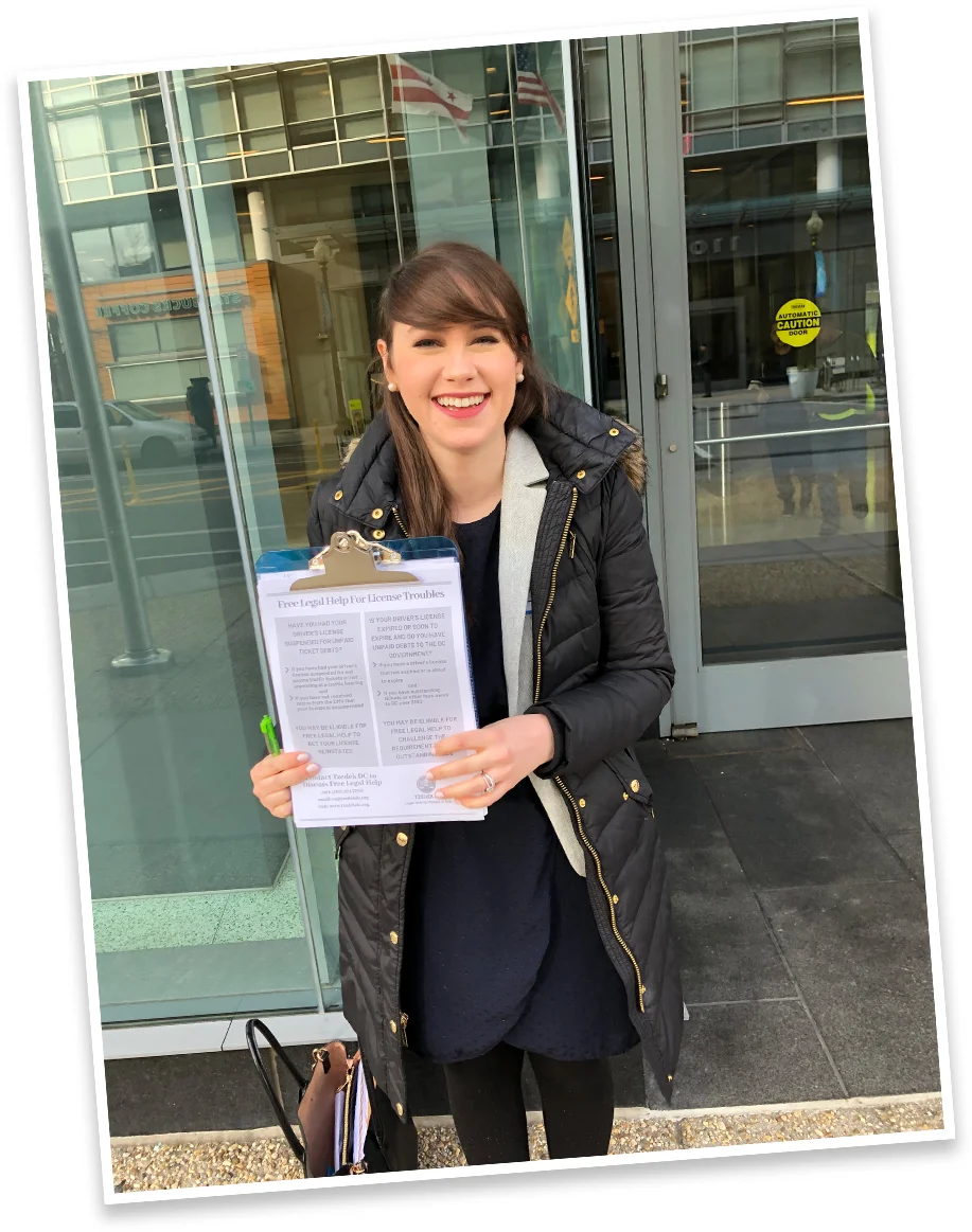 Tzedek DC Public Interest Fellow Rebecca Azhdam sharing know your rights information with DC residents at risk of losing their licenses for unpaid debts