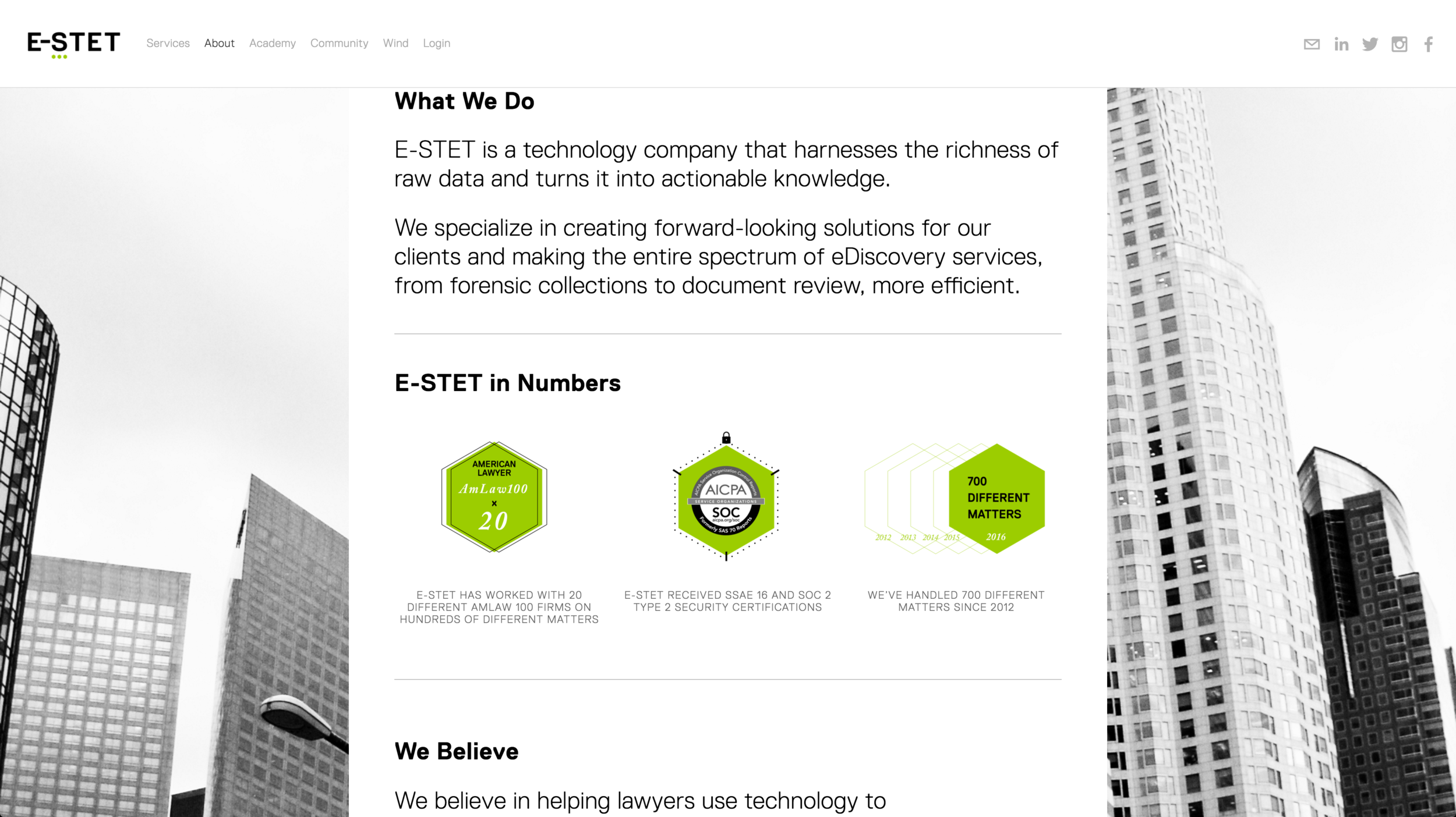 Rebranding E-STET had to be implemented across the company's three web properties: E-STET.com, Academy.E-STET.com, and Community.E-STET.com. We maintained a similar visual style throughout each website and used them to reach a wide audience.