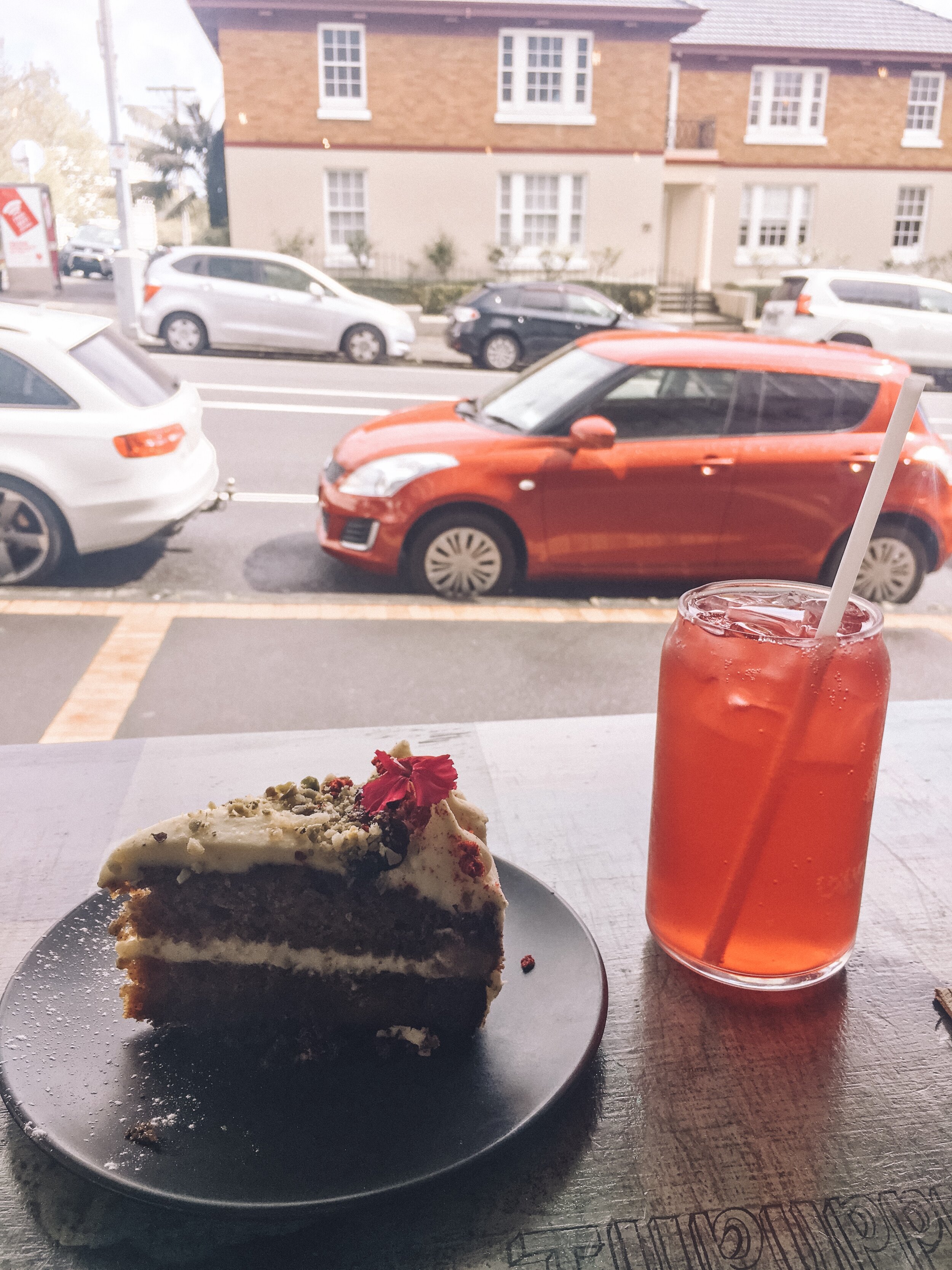 carrot cake and a drink in Auckland