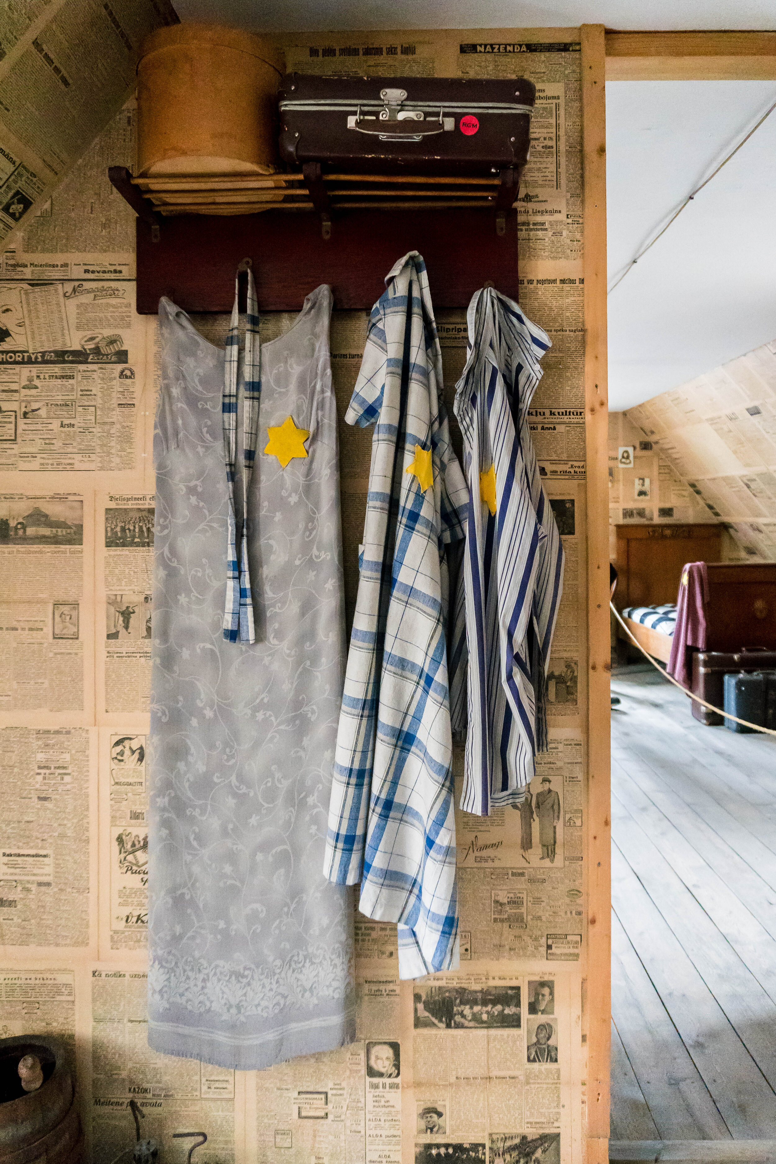 clothing on display at the Ghetto and Holocaust museum in Riga, Latvia