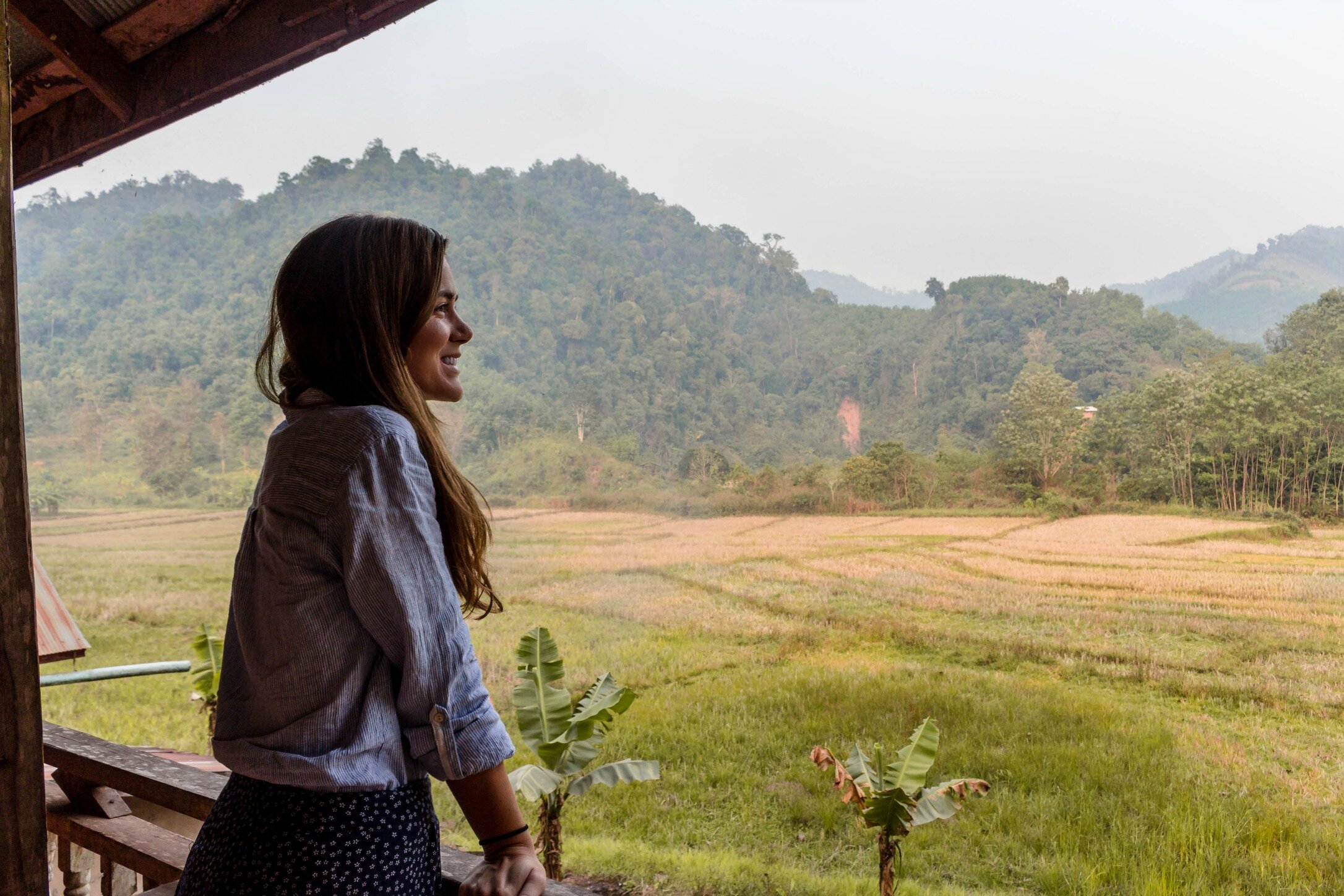 looking out at the rice fields in Laos