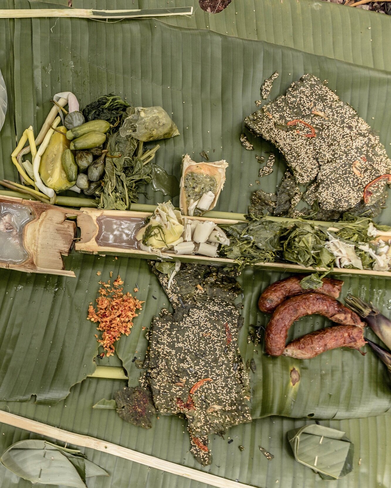 local food on a banana leaf, Laos