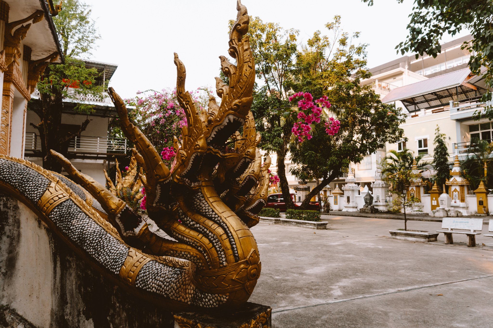 nagas statue at the entrance of a temple, Vientiane, Laos
