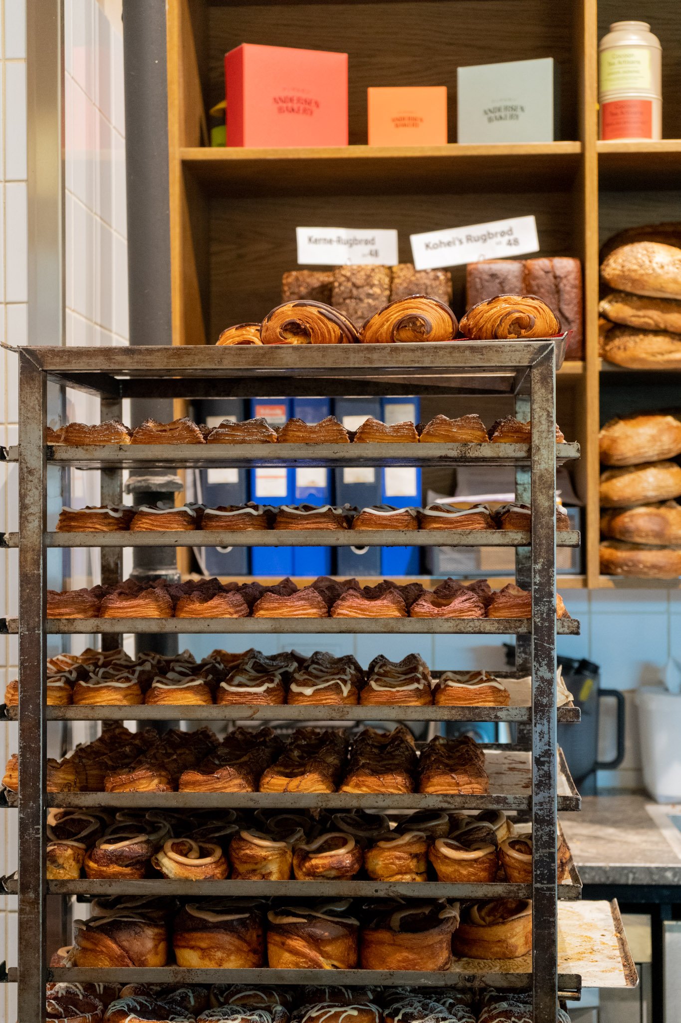 rows of cardamom buns at Anderson Bakery in Copenhagen