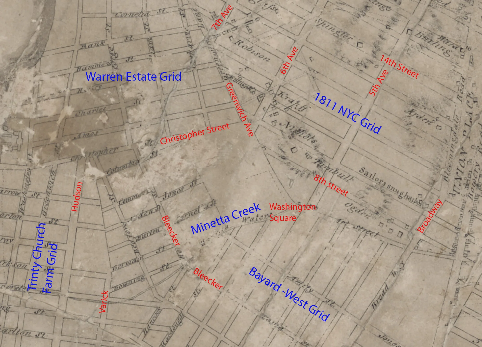 Greenwich Village on the Commission Plan of 1811. Overlay in blue for the various grids and red for the approx present day streets.