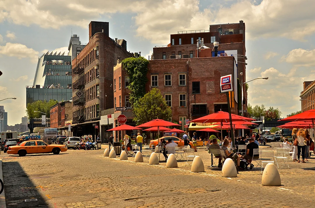 Meat Packing District. Looking 29 degrees northwest down Little 12th Street. The street off to the left is due west and is Gansevoort (new Whitney Museum and the start of High Line in background). The Hudson River is another block away. 