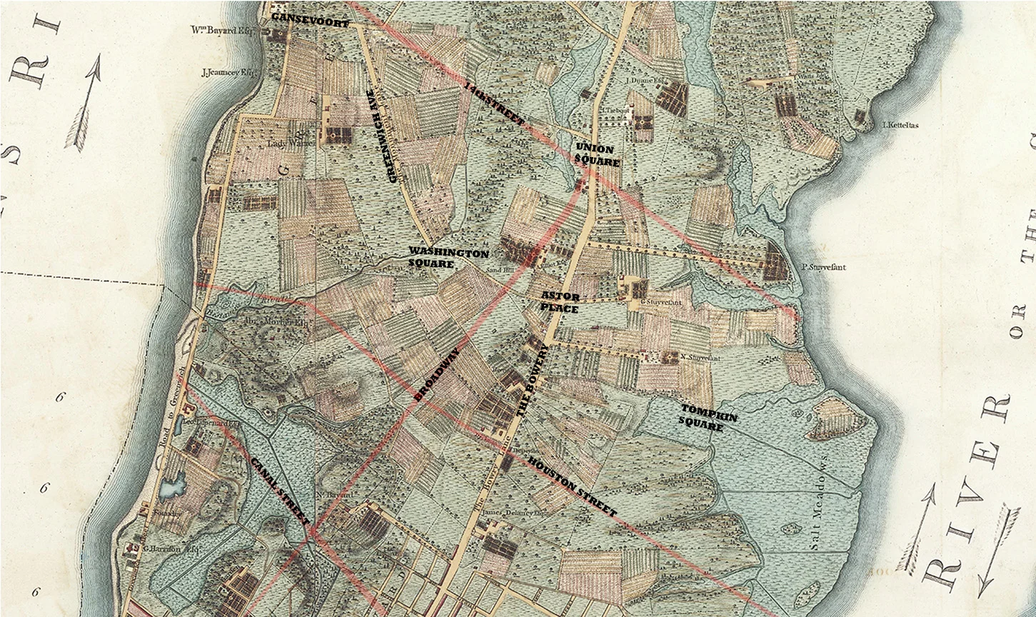 "The Village",east and west, on the 1776 colonial Razter Map. My overlay in pink and bold type of the present day streets and squares. 