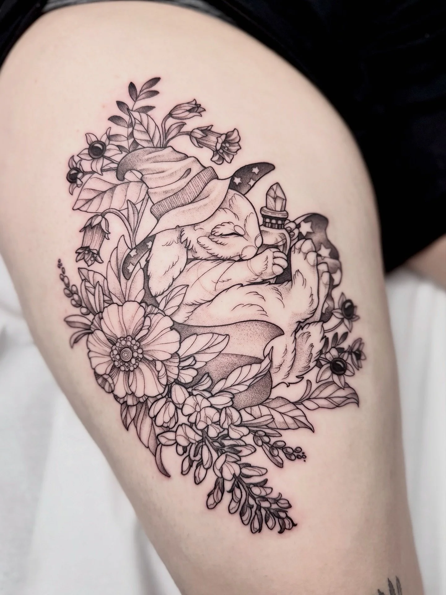 🍁 Repost of this cute little sorcerer bunny. Please don&rsquo;t mind that Halloween season is over 🎃 
&bull;
&bull;
&bull;
Done with @pepax.official 
#halloween #halloweenseason #bunniesofinsta #sorcerer #wizards #thightattoo #berlintattoo #germant