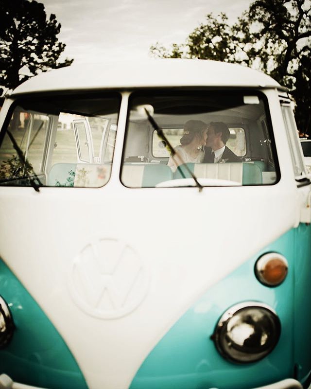 How about this cozy getaway car for a rainy winter wedding? Guests absolutely loved the vintage VW van for Kelsey and Chris&rsquo;s send off!