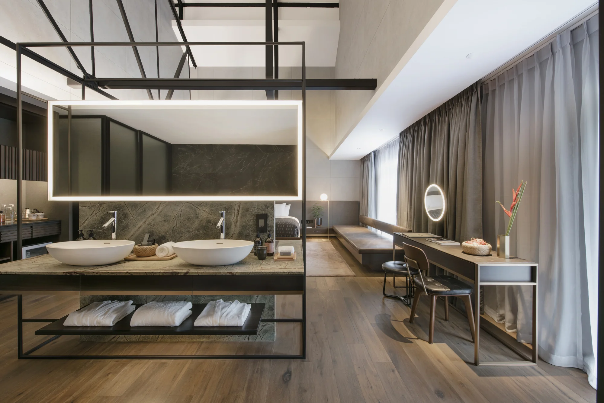 Open concept floor plan inside the Hotel rooms.