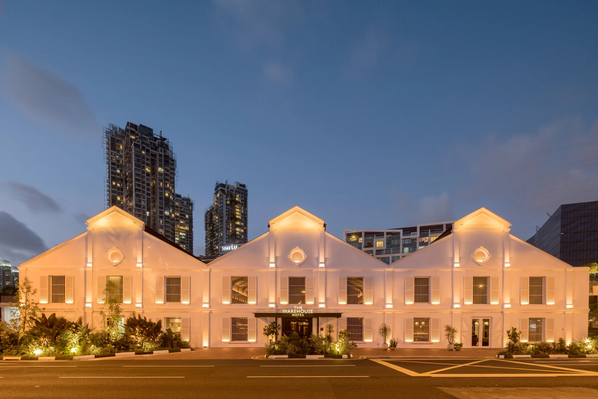 The Warehouse Hotel at night.