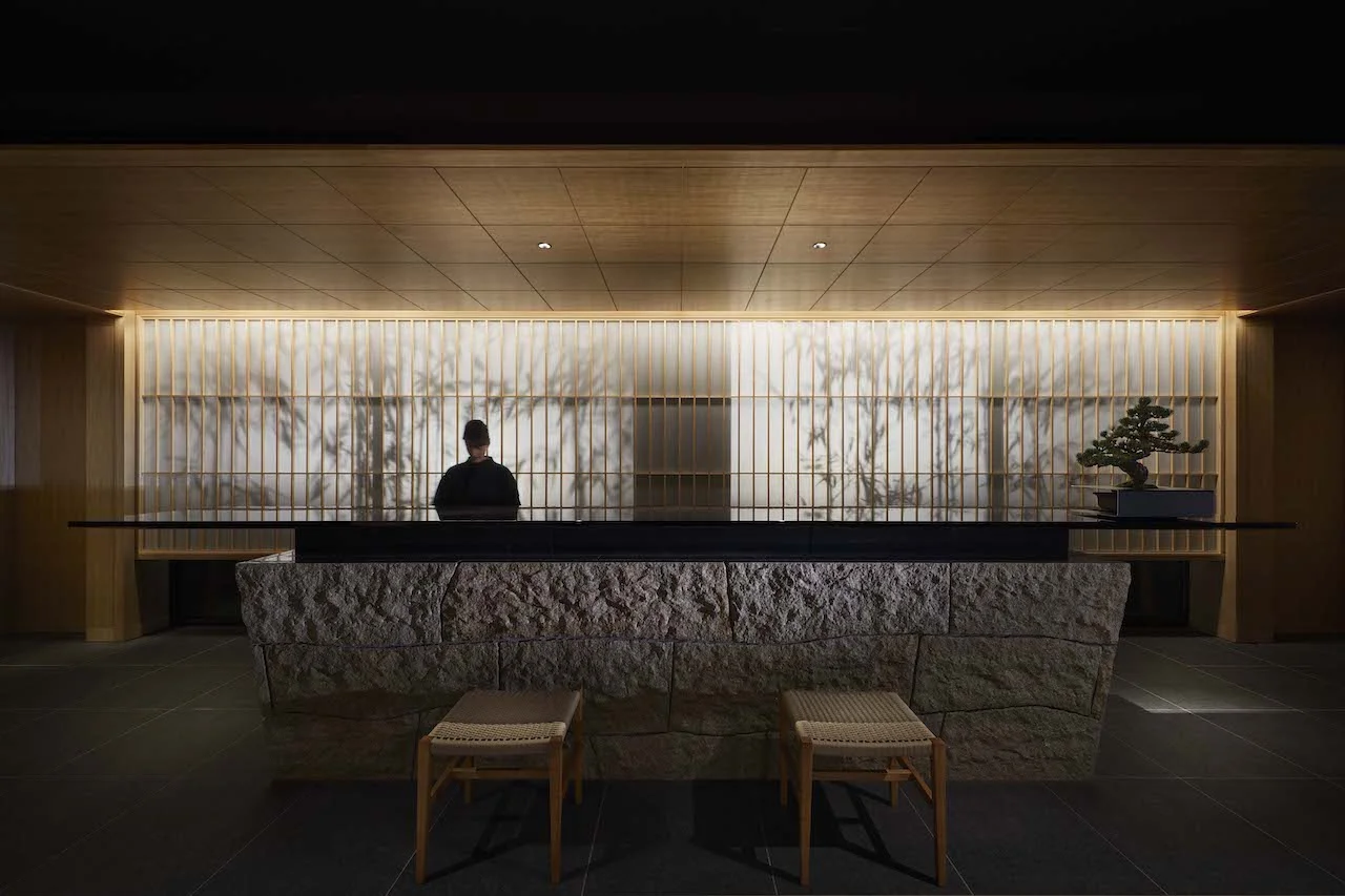 Minimalist lobby of Onsen Ryokan Yuen Shinjuku.