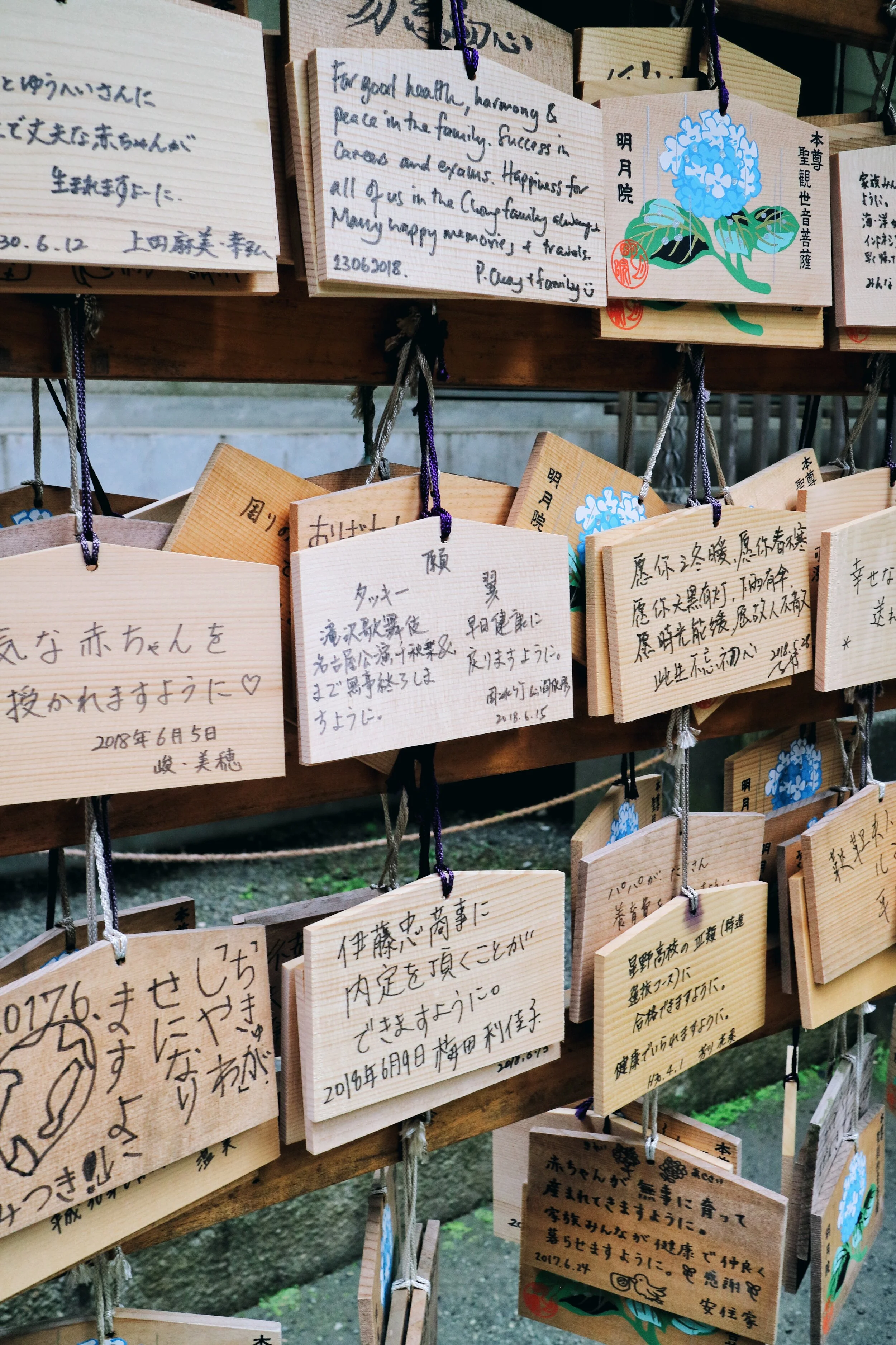 Emas (wooden plaques on which people write prayers or well-wishes) found at a shrine in Kamakura.
