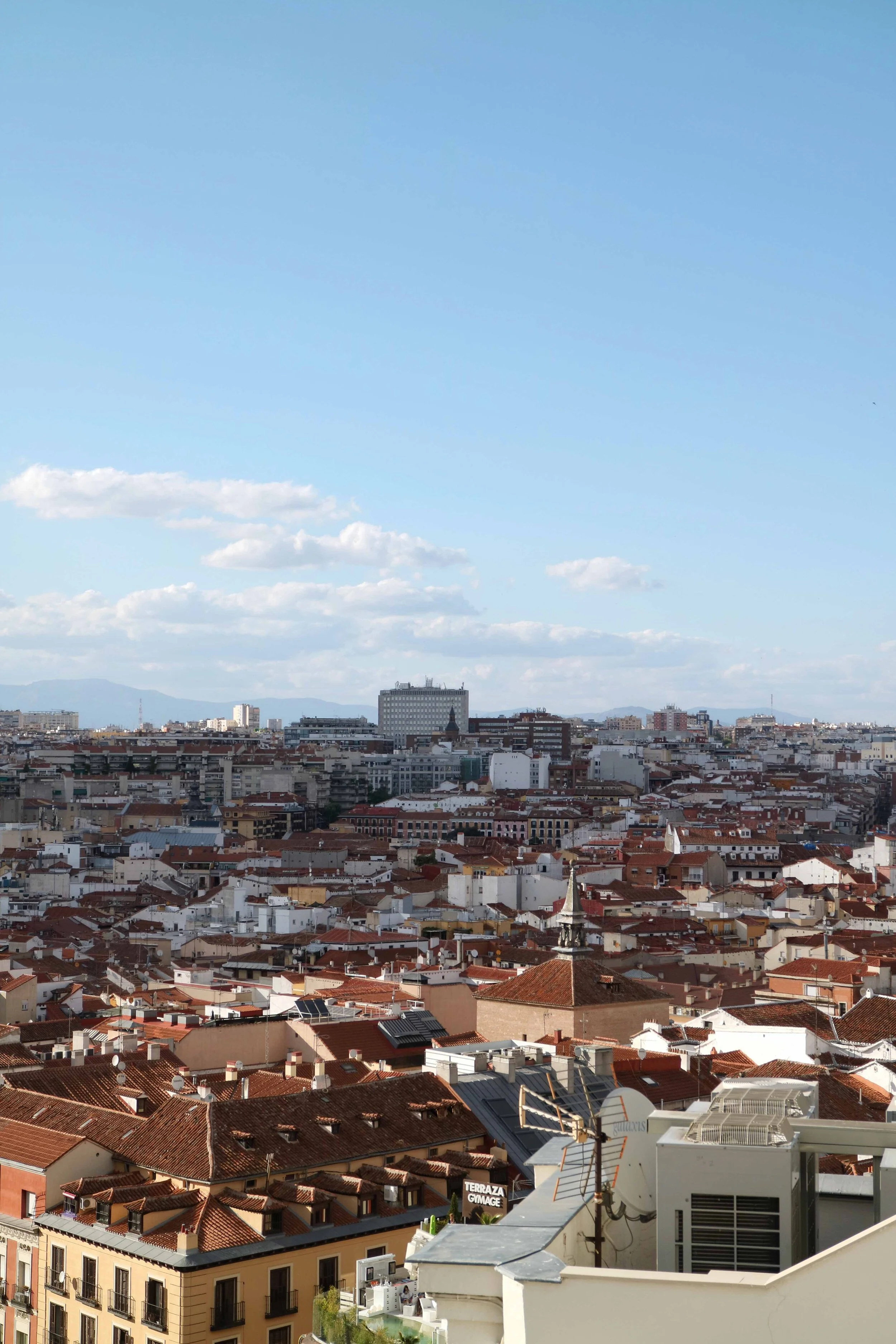 The sprawling urban landscape of Madrid from my hotel.