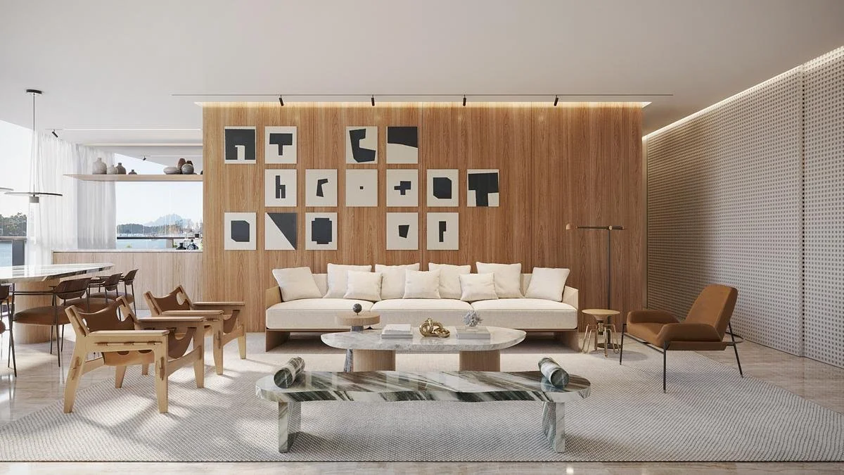 A STUDY IN MATERIAL HARMONY || Natural Stone and Warm Wood Shape a Tranquil Coastal Apartment
