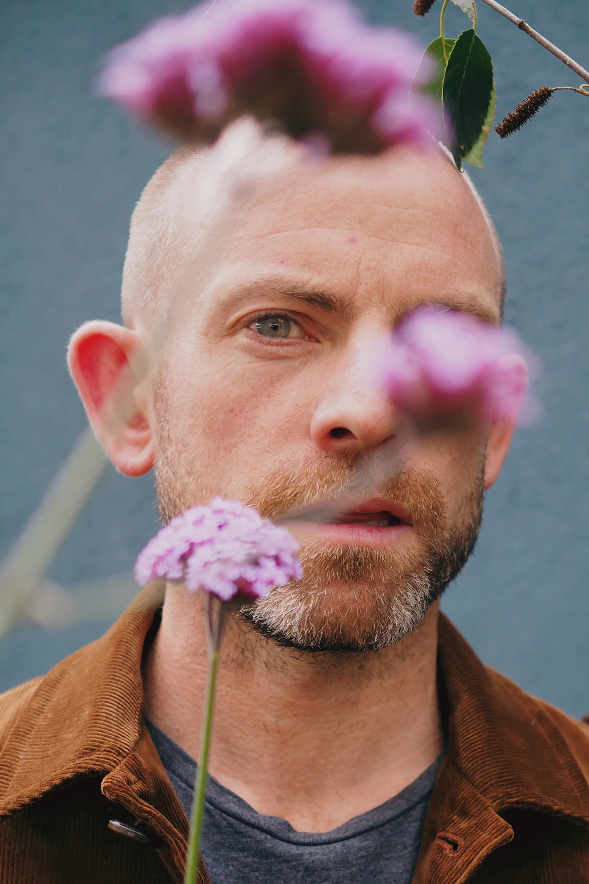 Mark is wearing a corduroy jacket by British designer Oliver Spencer . The charcoal tee is his own. 