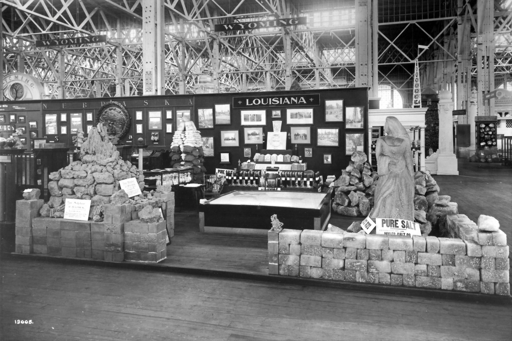 Louisiana rock salt is on display at the Louisiana Purchase Exposition, better known as the St. Louis World's Fair. This was the exhibit, which included a salt statue of Lot's wife. The Book of Genesis describes how she became a pillar of salt after she looked back at Sodom. Photo taken at the Fair, which ran from April 30 to December 1, 1904.