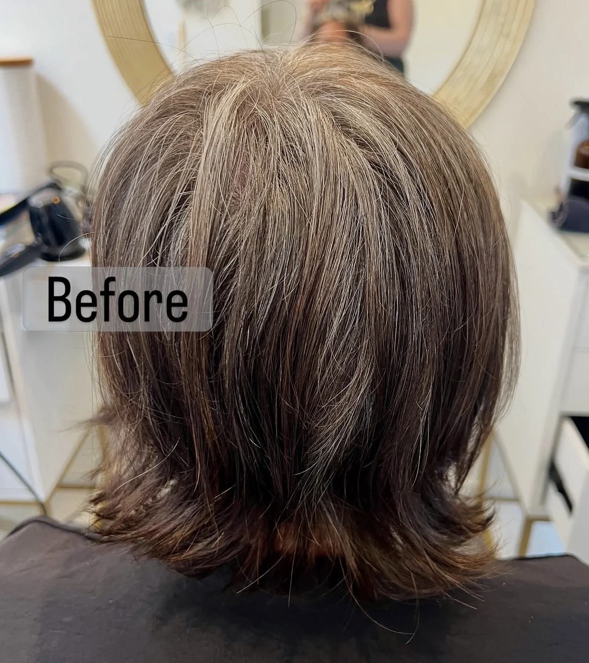 The BEFORE of client’s uneven outgrow and fading of previous permanent color allowing the grey pattern to emerge.