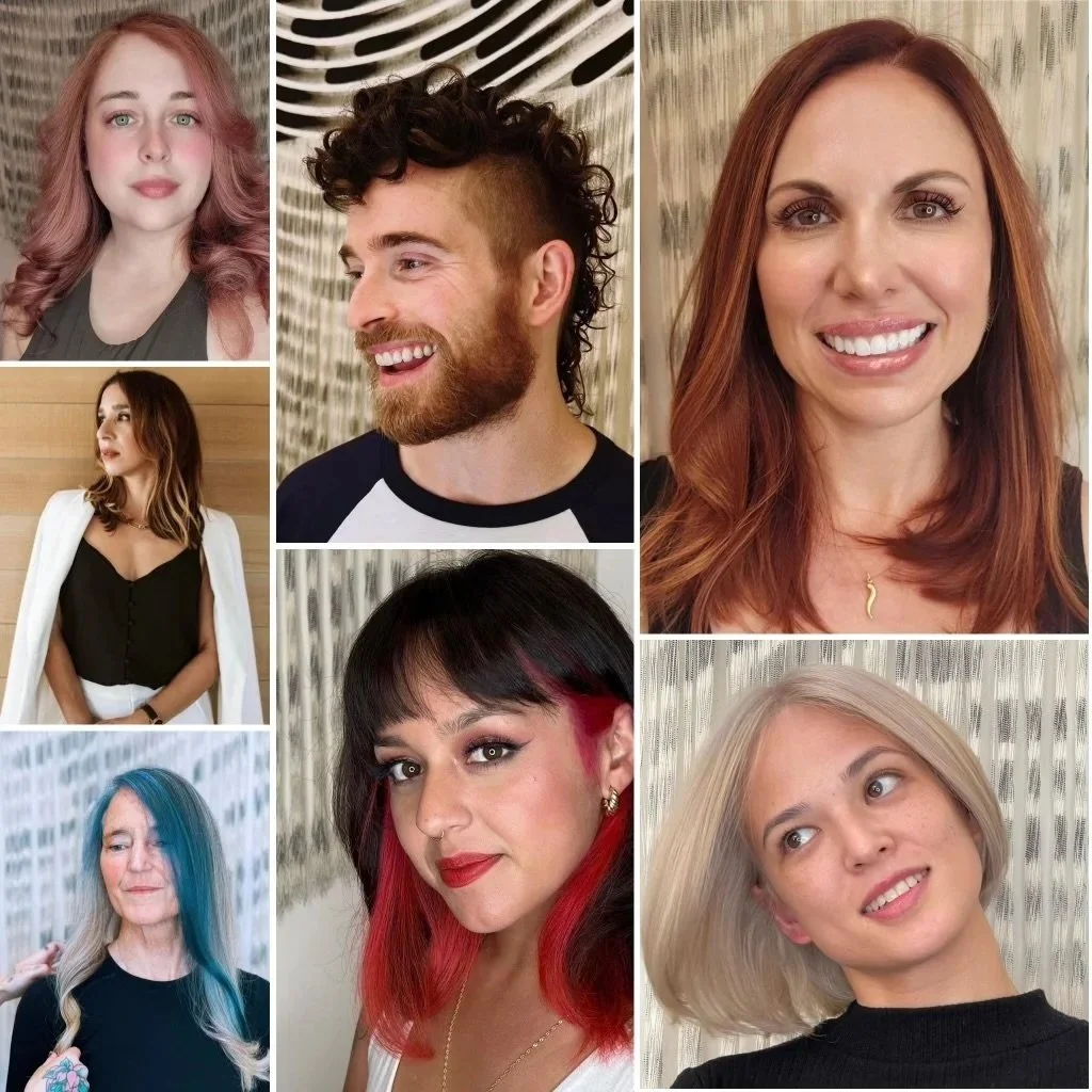 collage of finished work done by the stylists: dimensonal blonde, male curly brunette mullet, subtle auburn tones on red, brunette with ombréd highlights, blue face-framing wedge on natural silver, peek-a-boo red wedges on brunette, platinum bob