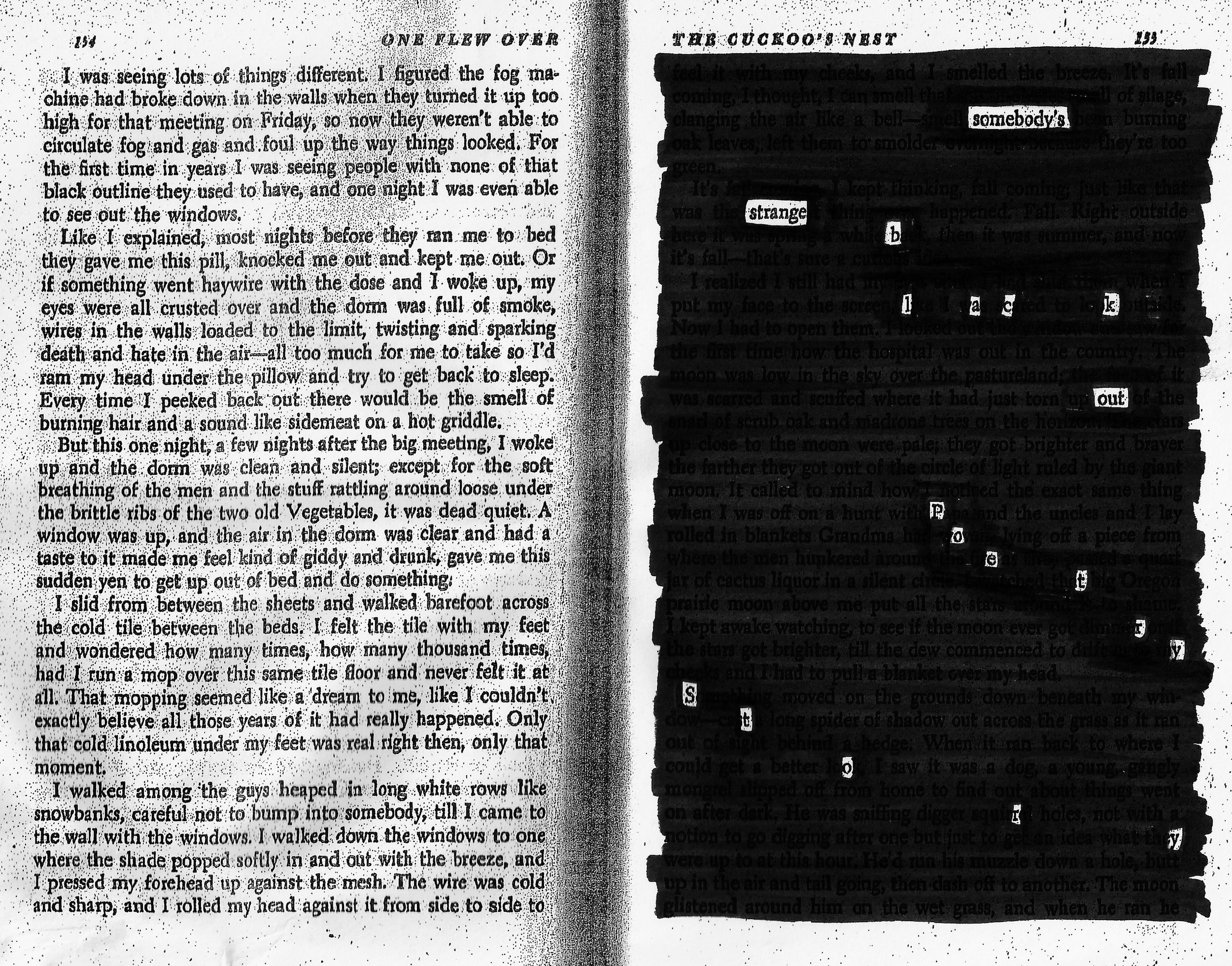  I distributed a spread from Ken Kesey's  One Flew Over the Cuckoo's Nest  to several people I met on the streets of New York and asked them to make blackout poems for me. I took two pictures of each person. The story is a collaborative effort betwee