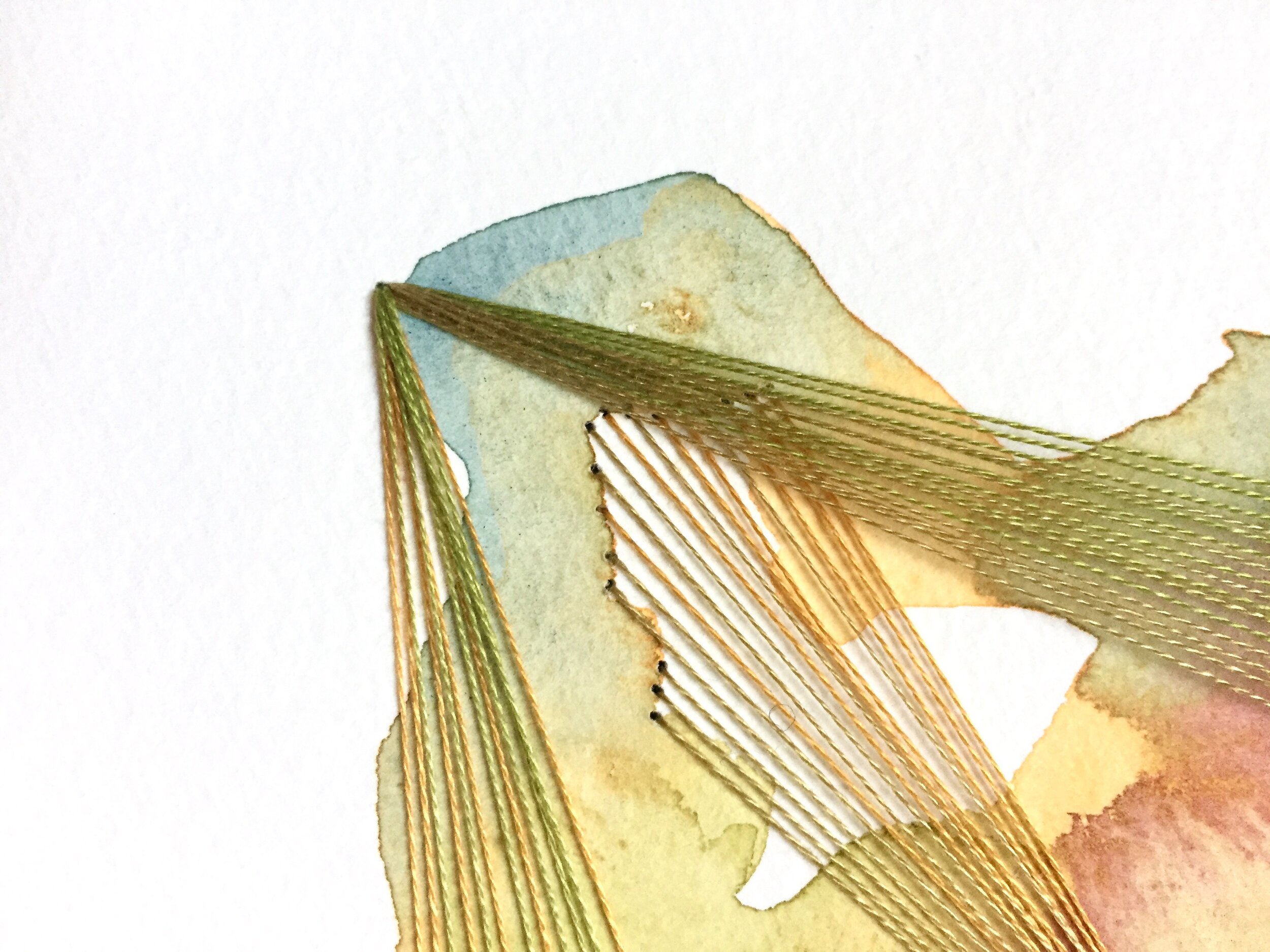 Watercolor and Embroidery in Green and Gold Rainbow--detail 2