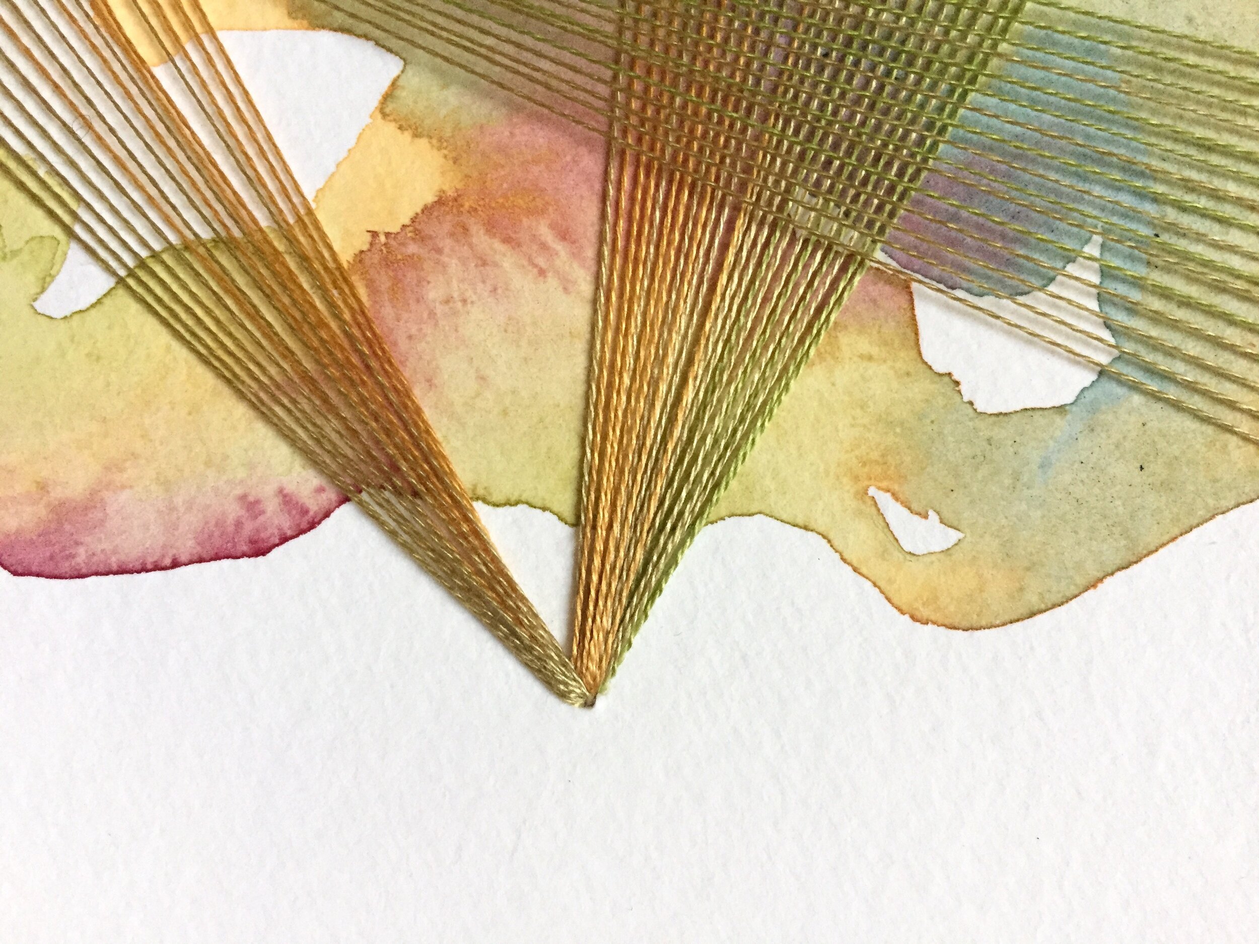Watercolor and Embroidery in Green and Gold Rainbow--detail 3