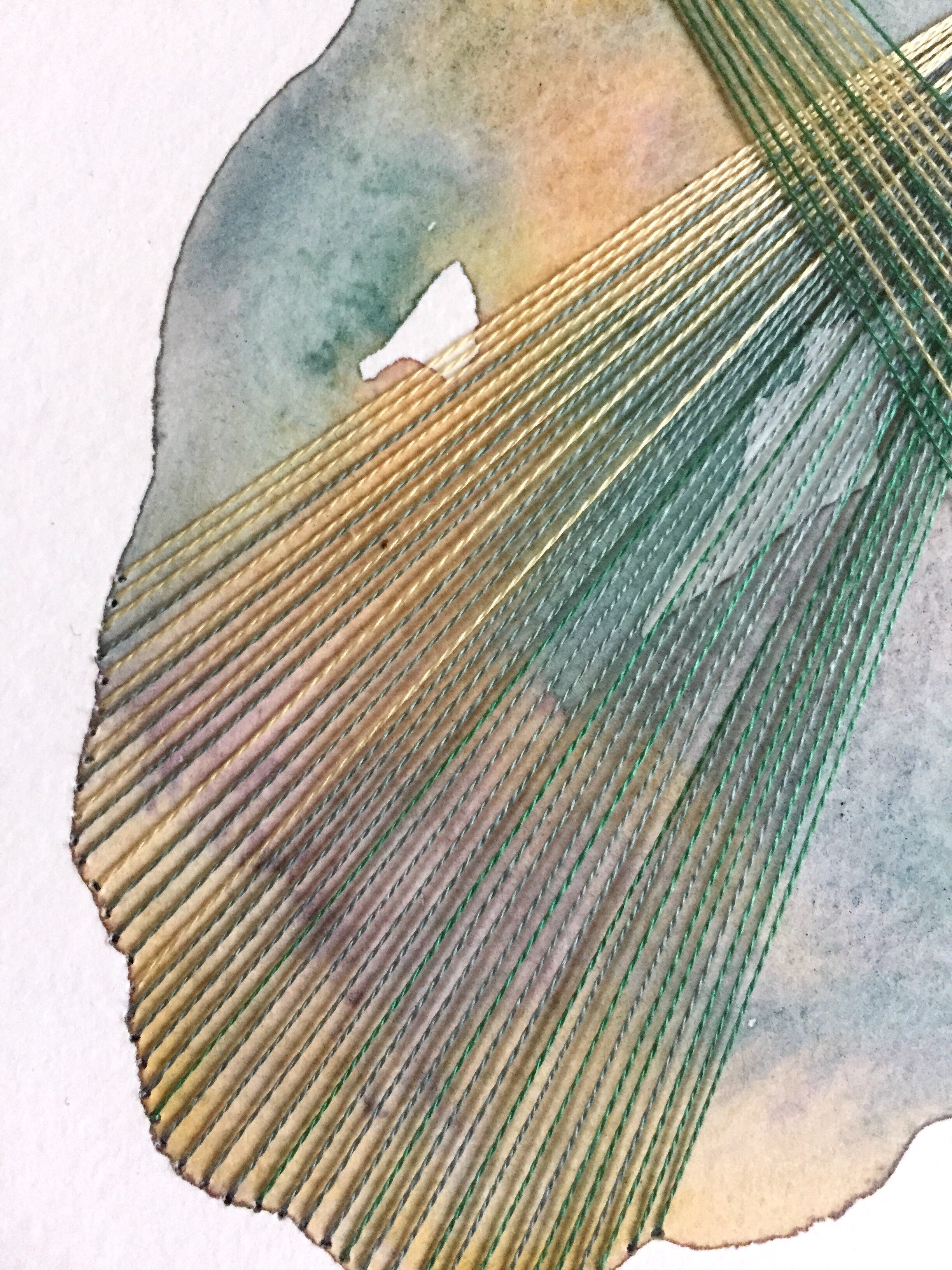 Watercolor and Embroidery in Teal and Gold--detail 1