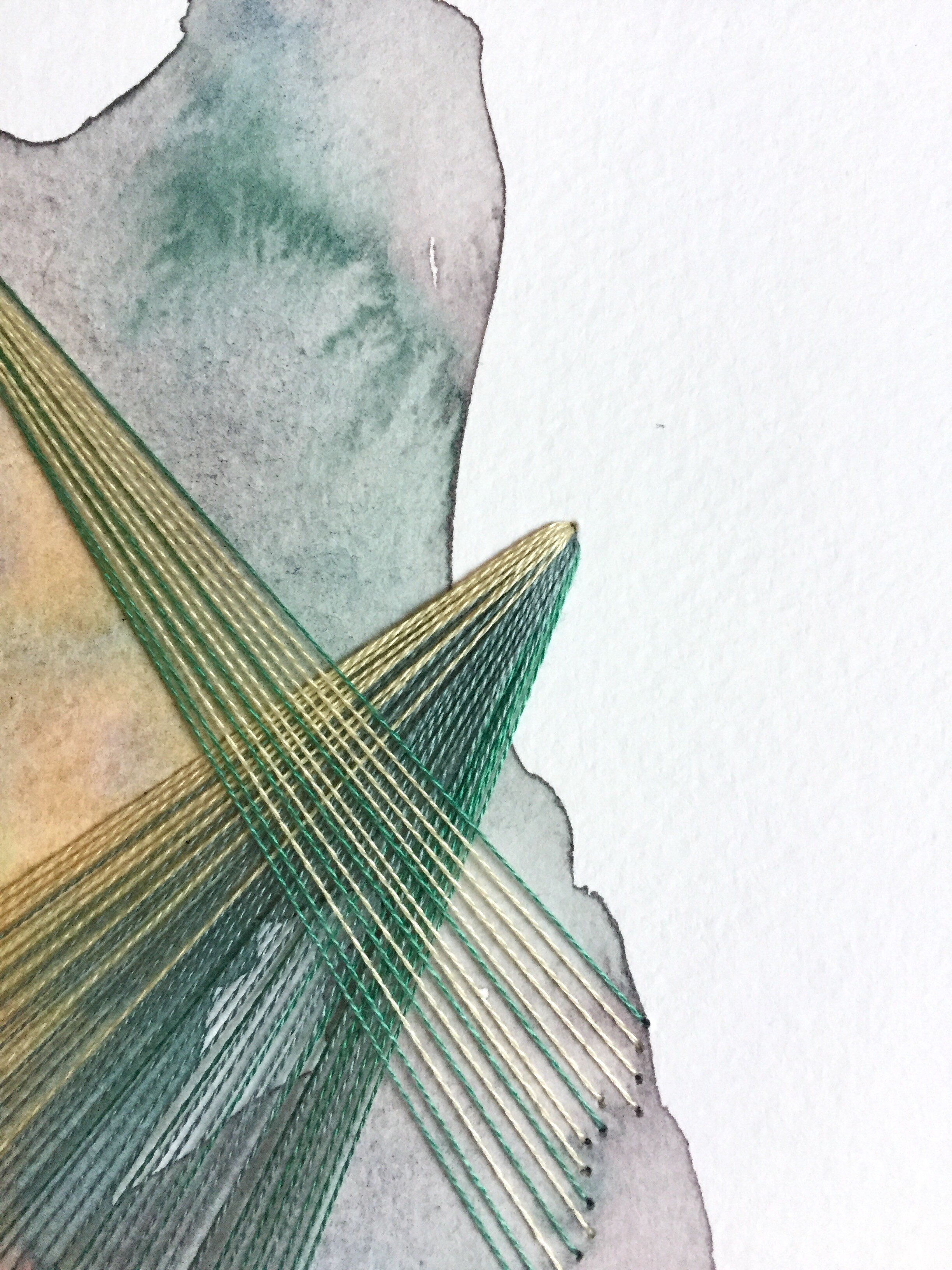 Watercolor and Embroidery in Teal and Gold--detail 3
