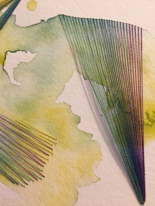 Watercolor and Embroidery in Green and Purple--detail 3