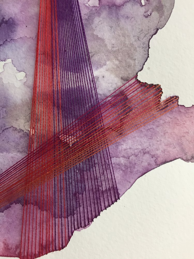 Watercolor and Embroidery in Red and Purple--detail 2