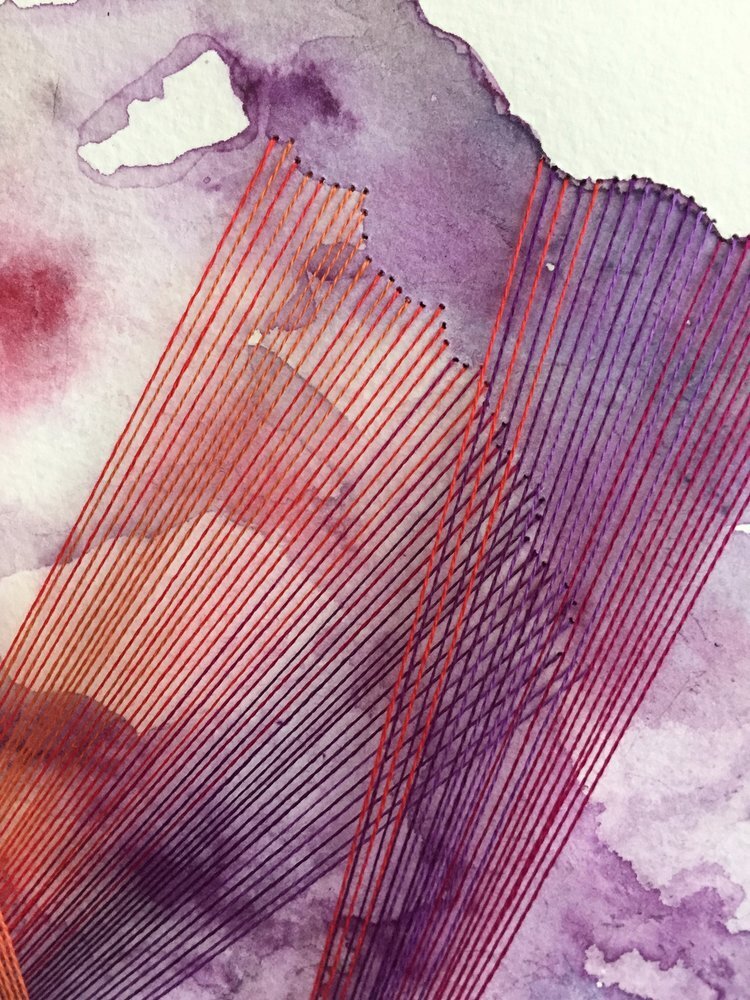 Watercolor and Embroidery in Red and Purple--detail 3