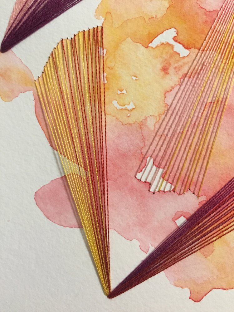 Watercolor and Embroidery in Orange, Red, Yellow, and Pink--detail 2