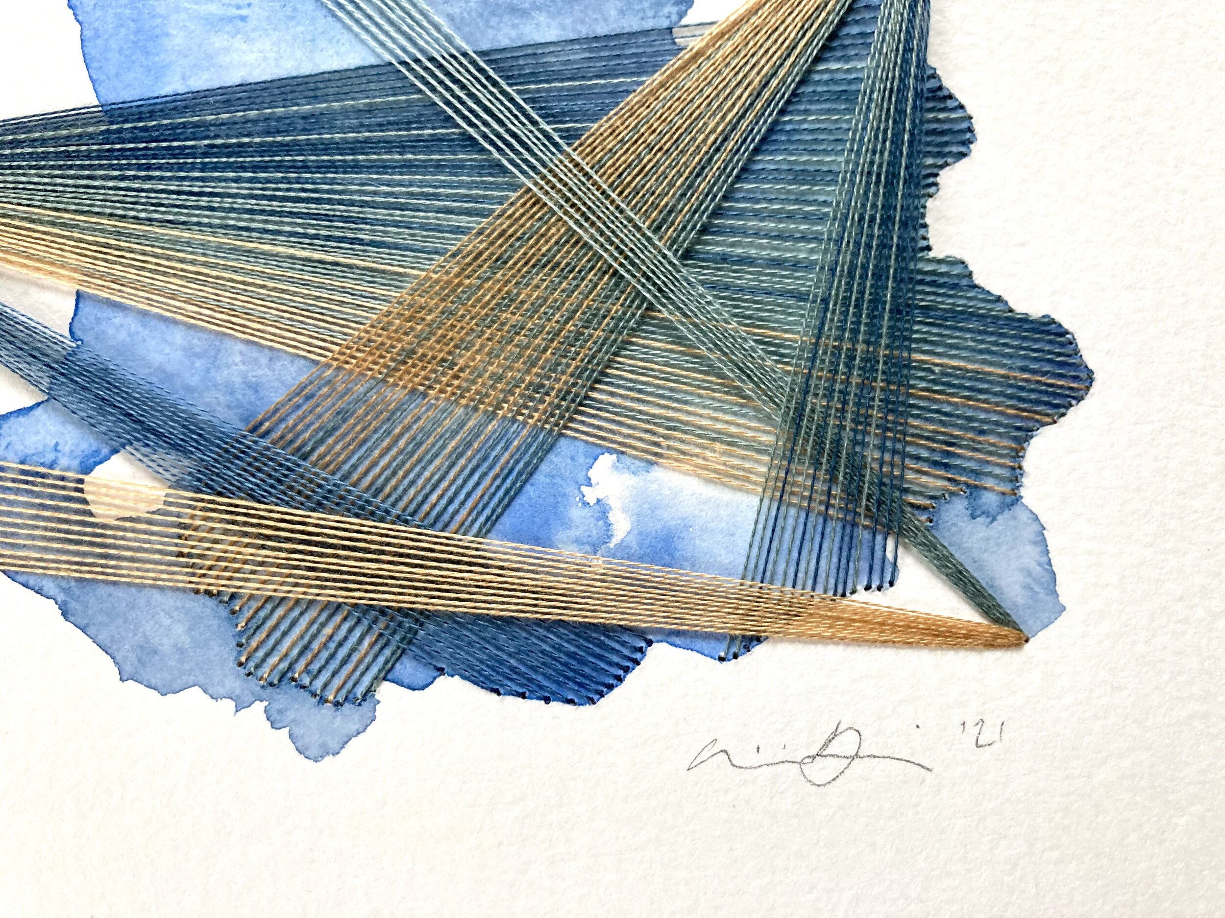 Watercolor and Embroidery in Blue Heron--detail 3